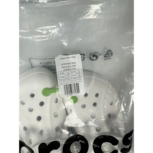 Size M9/W11 Crocs Baya Lined Clog Slip On White/Grey 205969-11H NEW