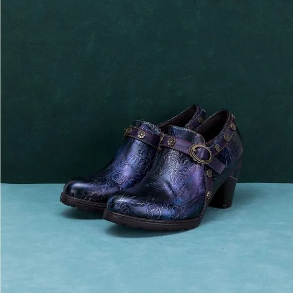 SMAIBULUN SOFFIA | ROSE EMBOSSED FLORAL RELIEF PURPLE LEATHER ANKLE BOOT sz 40/9
