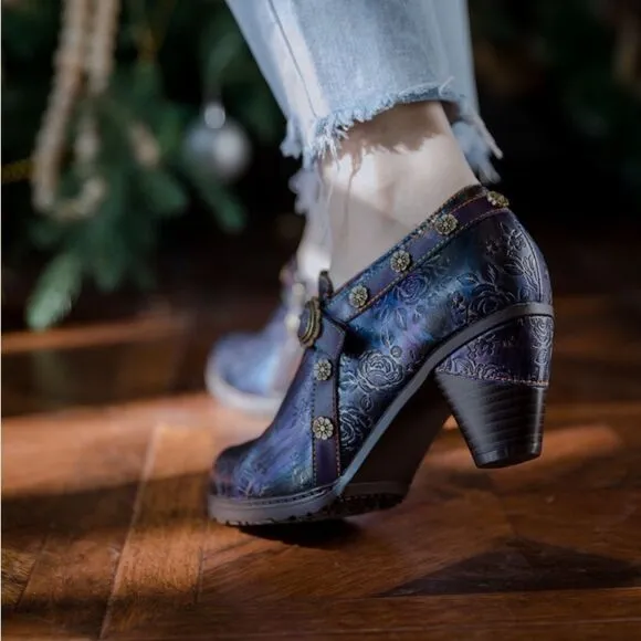 SMAIBULUN SOFFIA | ROSE EMBOSSED FLORAL RELIEF PURPLE LEATHER ANKLE BOOT sz 40/9