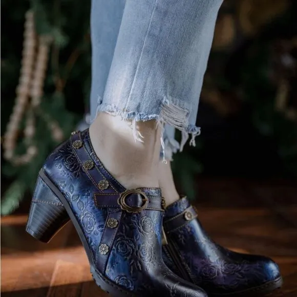SMAIBULUN SOFFIA | ROSE EMBOSSED FLORAL RELIEF PURPLE LEATHER ANKLE BOOT sz 40/9