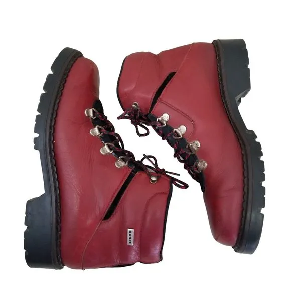 Sorel 7.5 Red Leather Mountaineering Ankle Boots Lace Up Hiking Work Canada