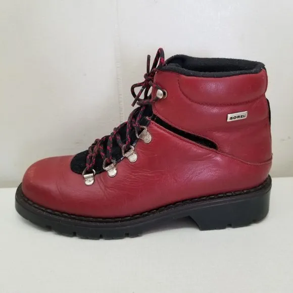 Sorel 7.5 Red Leather Mountaineering Ankle Boots Lace Up Hiking Work Canada