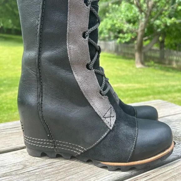 Sorel Cate the Great Wedge Tall Laceup Knee Boots Black Leather NL2175-010 8.5