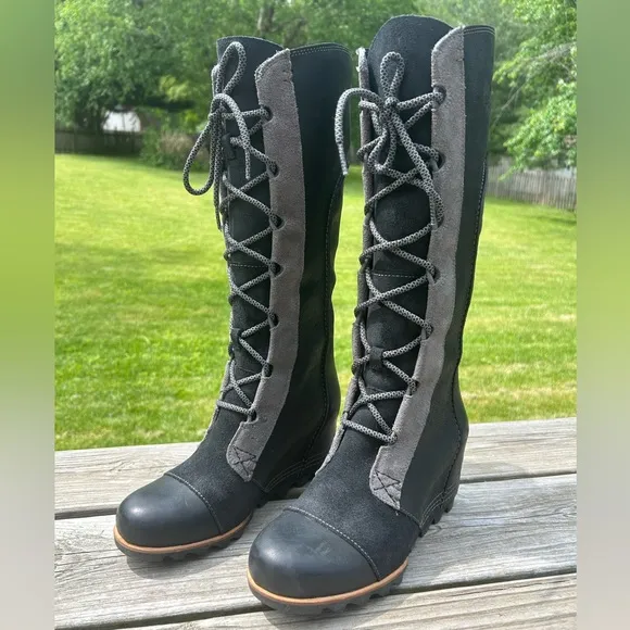 Sorel Cate the Great Wedge Tall Laceup Knee Boots Black Leather NL2175-010 8.5