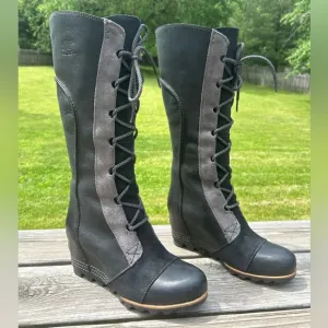 Sorel Cate the Great Wedge Tall Laceup Knee Boots Black Leather NL2175-010 8.5