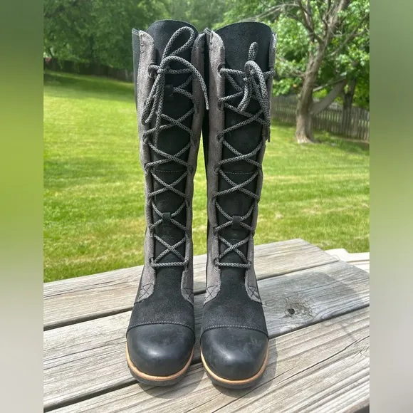 Sorel Cate the Great Wedge Tall Laceup Knee Boots Black Leather NL2175-010 8.5