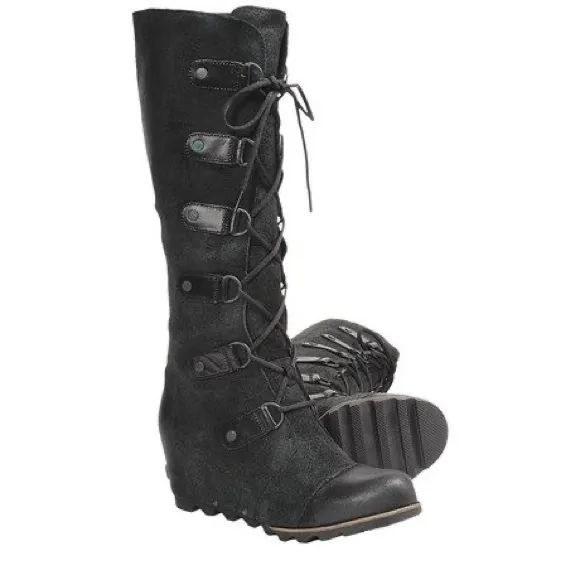 Sorel Joan Of Arctic Tall Distressed Suede Leather Lace Up Wedge Boots Size 10