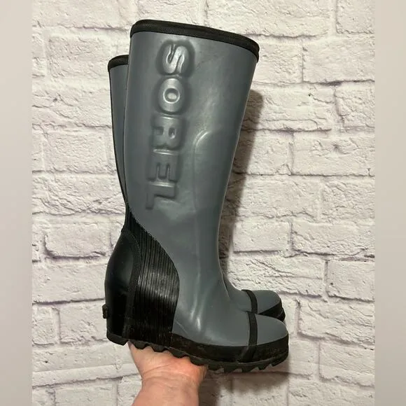 Sorel Joan Rain Wedge Tall Boot Black  / Gray Size 7.5