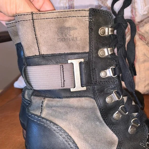 Sorel Major Carly Casual Lace Up Boots Black Gray Leather Canvas Size 7