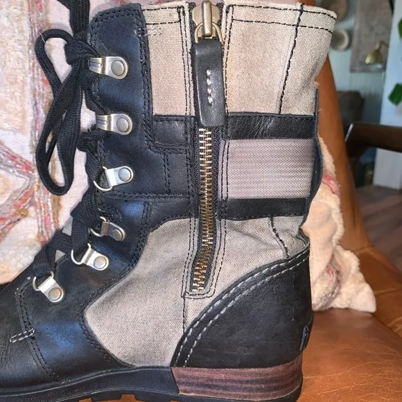 Sorel Major Carly Casual Lace Up Boots Black Gray Leather Canvas Size 7