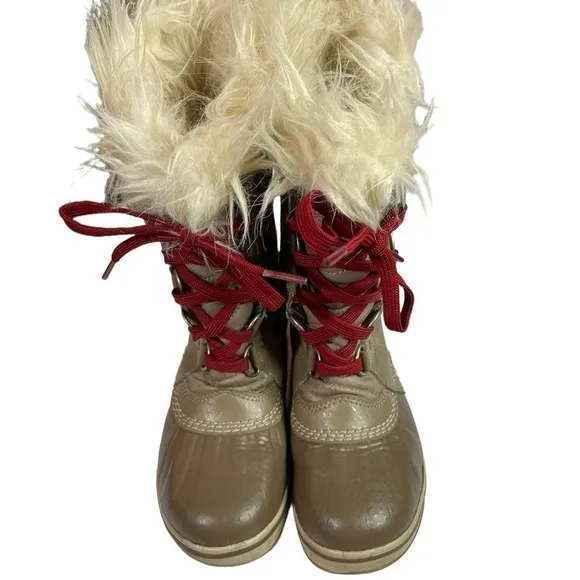 🎉Sorel Tofino II kids Tall Faux Fur Boots Winter Outdoors Tan Red Laces size 1