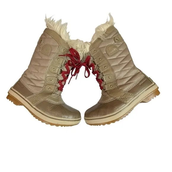 🎉Sorel Tofino II kids Tall Faux Fur Boots Winter Outdoors Tan Red Laces size 1