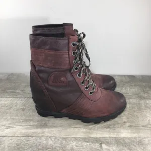 Sorel Womens NL3046 Lexie Maroon Red Leather Wedge Winter Snow Boots Size 9.5