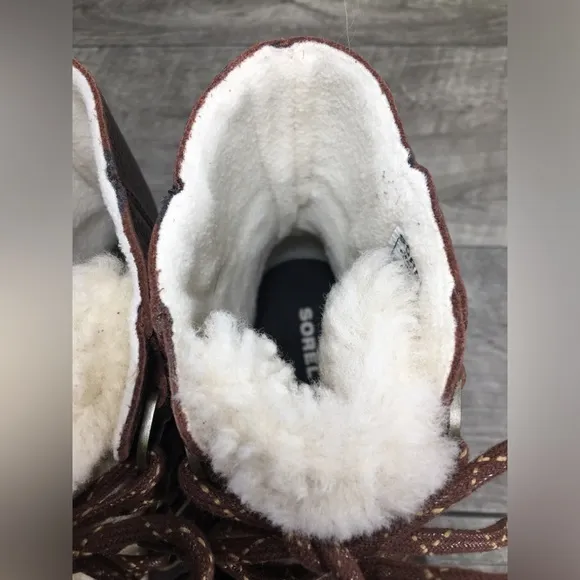 Sorel Womens NL3415 Phoenix Short Lace Up Cozy Sherpa Leather Brown Boots Sz 7.5