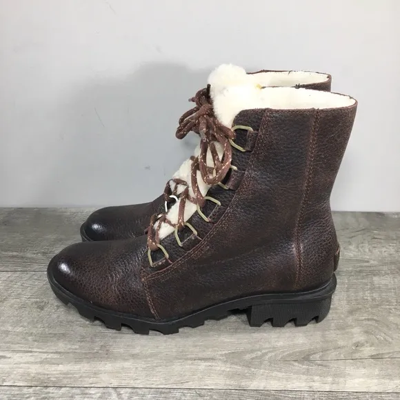 Sorel Womens NL3415 Phoenix Short Lace Up Cozy Sherpa Leather Brown Boots Sz 7.5