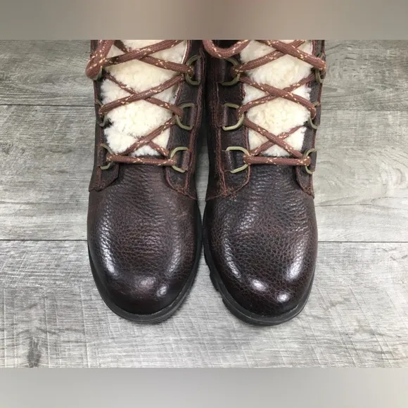 Sorel Womens NL3415 Phoenix Short Lace Up Cozy Sherpa Leather Brown Boots Sz 7.5