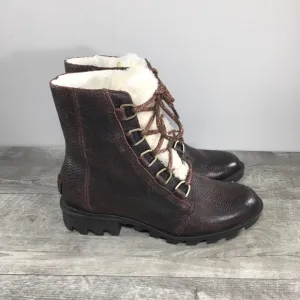 Sorel Womens NL3415 Phoenix Short Lace Up Cozy Sherpa Leather Brown Boots Sz 7.5