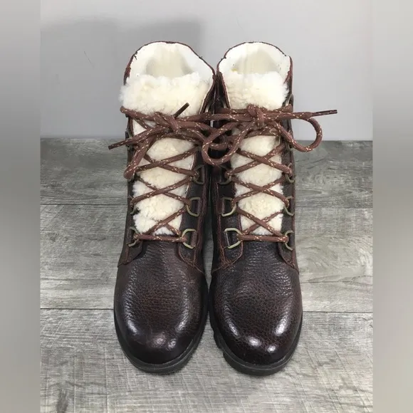 Sorel Womens NL3415 Phoenix Short Lace Up Cozy Sherpa Leather Brown Boots Sz 7.5