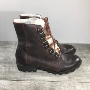 Sorel Womens NL3416 Phoenix Short Lace Up Cozy Sherpa Leather Brown Boots Size 9