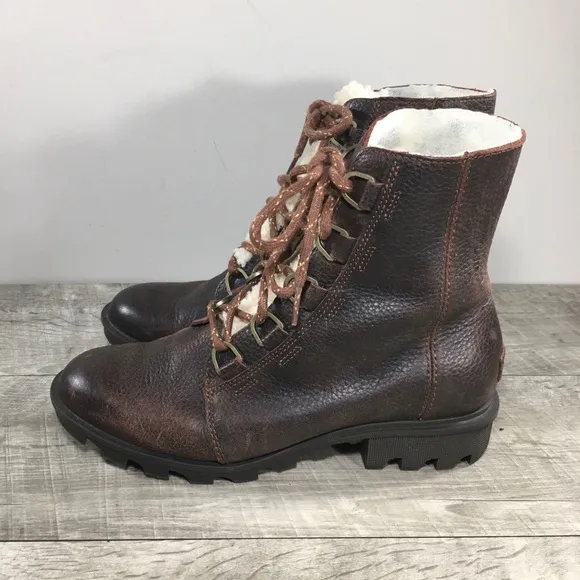 Sorel Womens NL3416 Phoenix Short Lace Up Cozy Sherpa Leather Brown Boots Size 9
