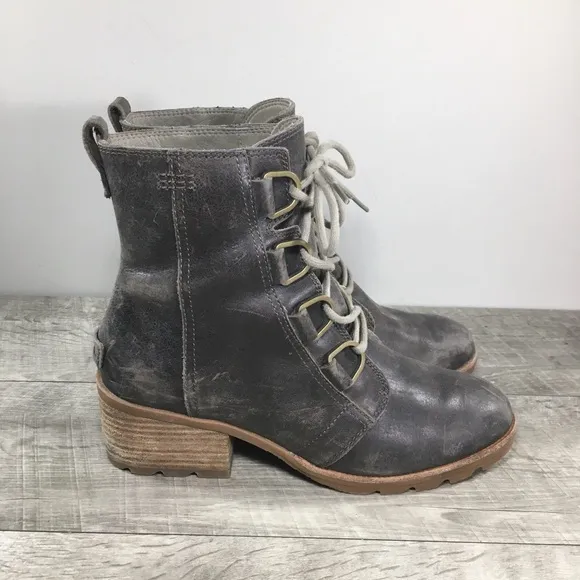 Sorel Womens NL3715 Cate Gray Leather Combat Lace Up Waterproof Bootie Boots 9.5