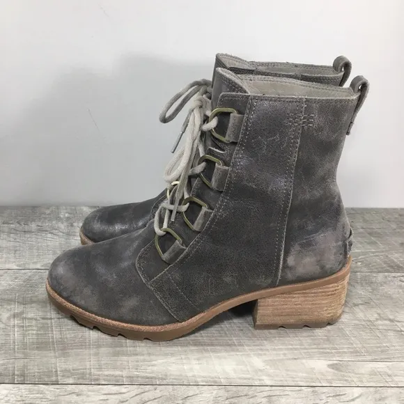Sorel Womens NL3715 Cate Gray Leather Combat Lace Up Waterproof Bootie Boots 9.5