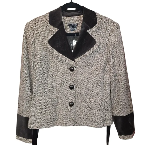 Spanner Vintage Herringbone Tweed Wool Blend Velvet Trim Blazer NWT Size 10