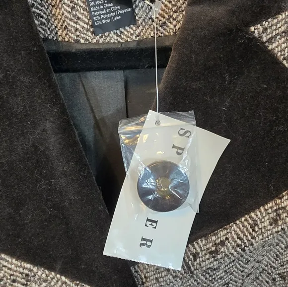 Spanner Vintage Herringbone Tweed Wool Blend Velvet Trim Blazer NWT Size 10