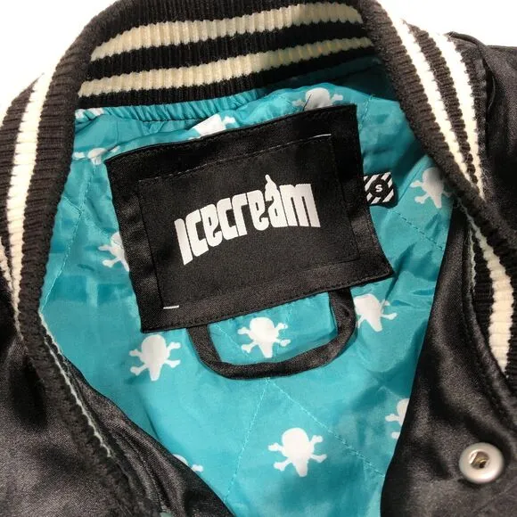 SS22 Ice Cream Cone Logo Bones Black Satin Bomber Jacket Coat Size Small S B31