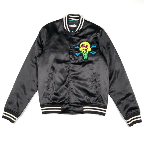 SS22 Ice Cream Cone Logo Bones Black Satin Bomber Jacket Coat Size Small S B31