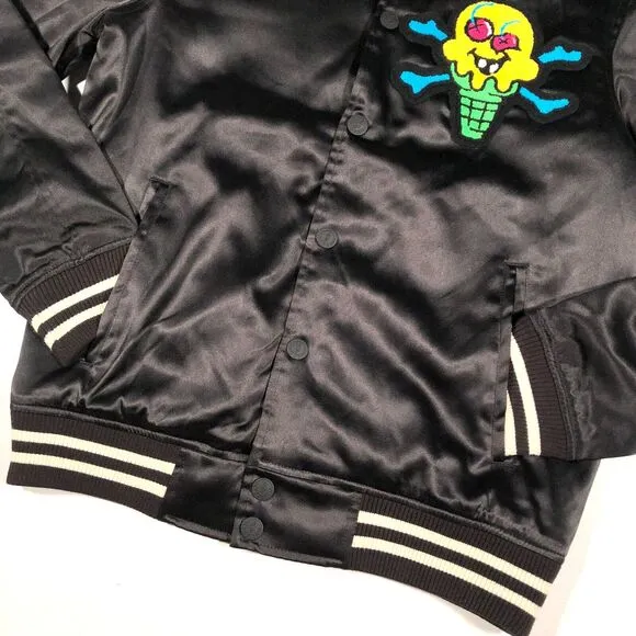 SS22 Ice Cream Cone Logo Bones Black Satin Bomber Jacket Coat Size Small S B31