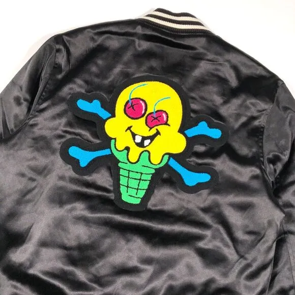 SS22 Ice Cream Cone Logo Bones Black Satin Bomber Jacket Coat Size Small S B31