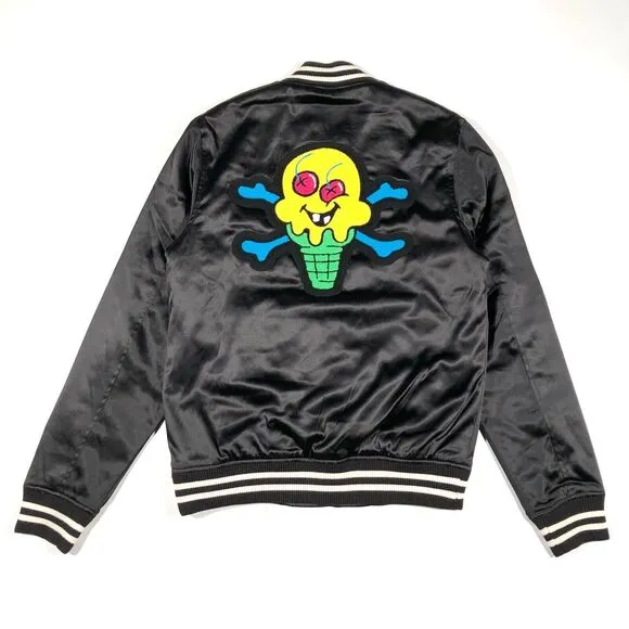 SS22 Ice Cream Cone Logo Bones Black Satin Bomber Jacket Coat Size Small S B31