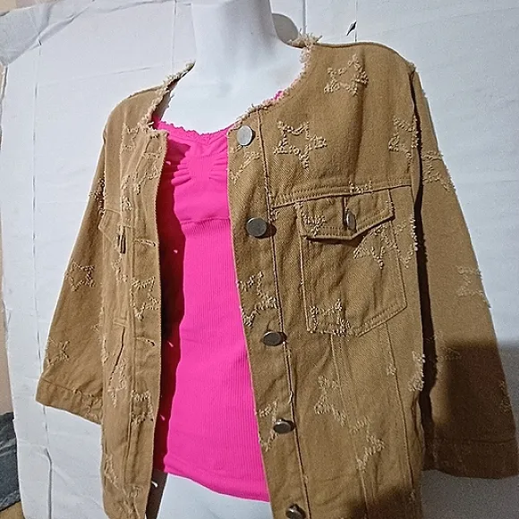 STAR SHAPE Distressed Fringe Frayed Cut-Out Denim Jean Jacket Lili Sidonio NWT