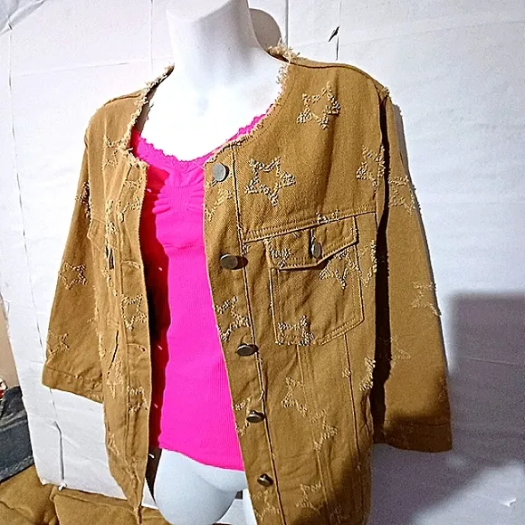 STAR SHAPE Distressed Fringe Frayed Cut-Out Denim Jean Jacket Lili Sidonio NWT