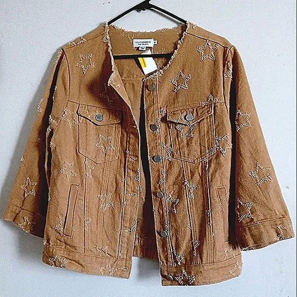 STAR SHAPE Distressed Fringe Frayed Cut-Out Denim Jean Jacket Lili Sidonio NWT