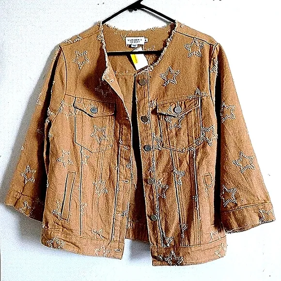STAR SHAPE Distressed Fringe Frayed Cut-Out Denim Jean Jacket Lili Sidonio NWT