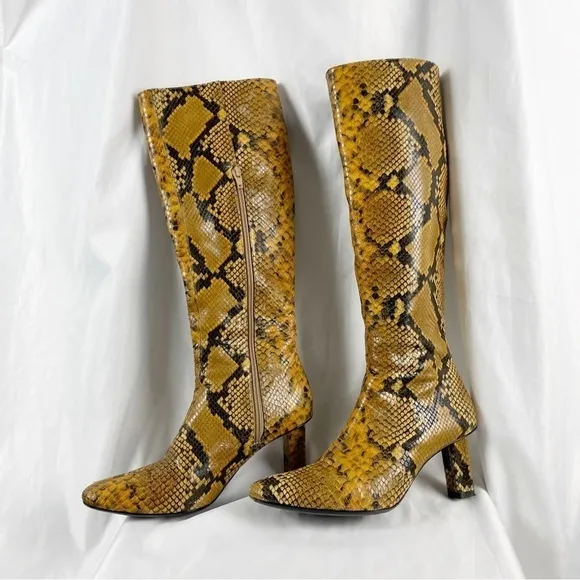 Staud Benny Snake Effect Leather Knee High Tall Boots Gold Tan EU 37 Casual