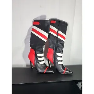 Steve Madden Sukie Stilleto Knee High Boots, Black Red White, Graphic, Trendy 4&quot;
