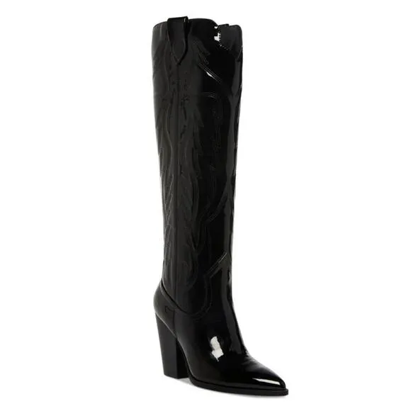 Steve Madden Tessy Tall Black Patent Leather Western Cowboy Boots 6 New