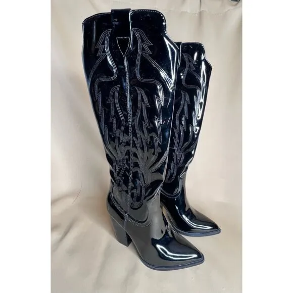 Steve Madden Tessy Tall Black Patent Leather Western Cowboy Boots 6 New