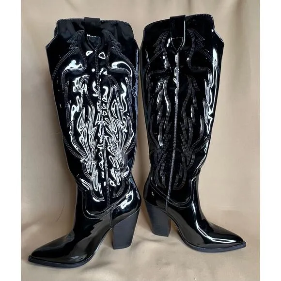 Steve Madden Tessy Tall Black Patent Leather Western Cowboy Boots 6 New