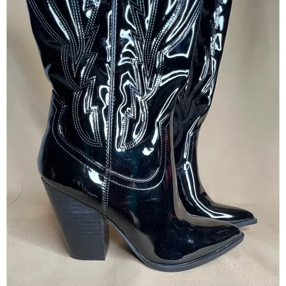 Steve Madden Tessy Tall Black Patent Leather Western Cowboy Boots 6 New