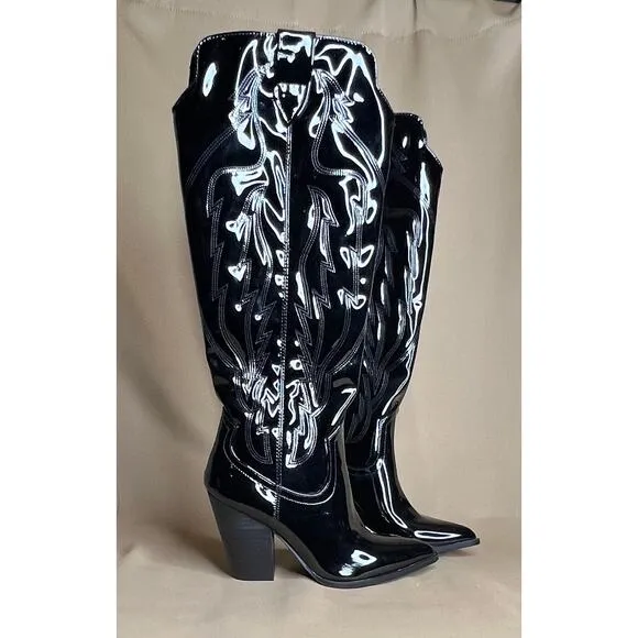 Steve Madden Tessy Tall Black Patent Leather Western Cowboy Boots 6 New