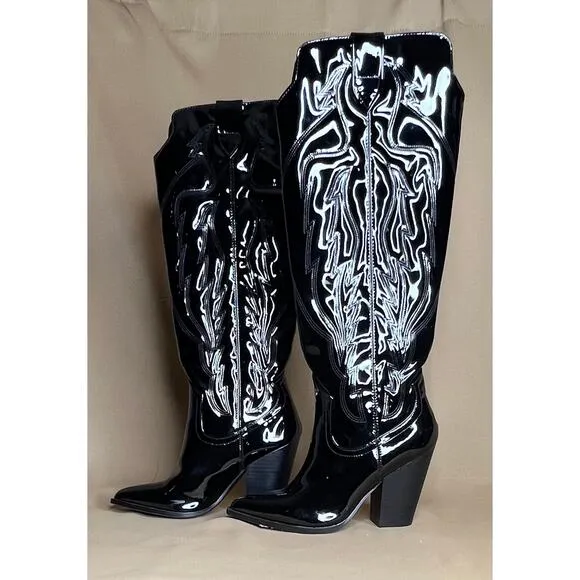 Steve Madden Tessy Tall Black Patent Leather Western Cowboy Boots 6 New