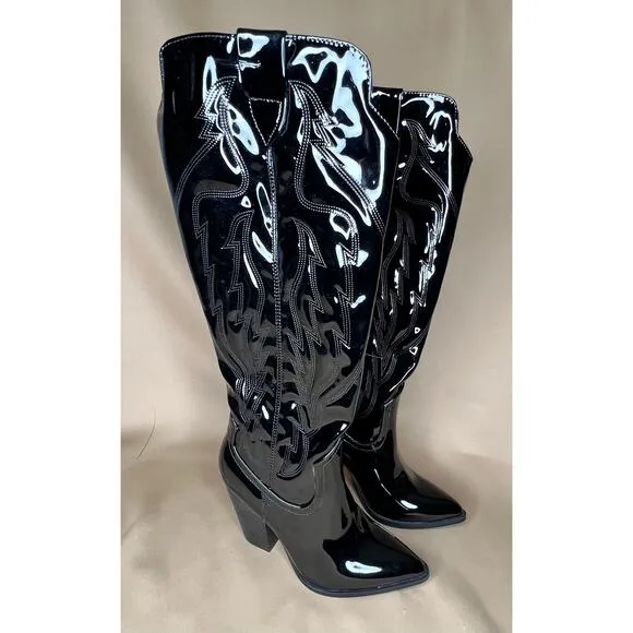 Steve Madden Tessy Tall Black Patent Leather Western Cowboy Boots 6 New