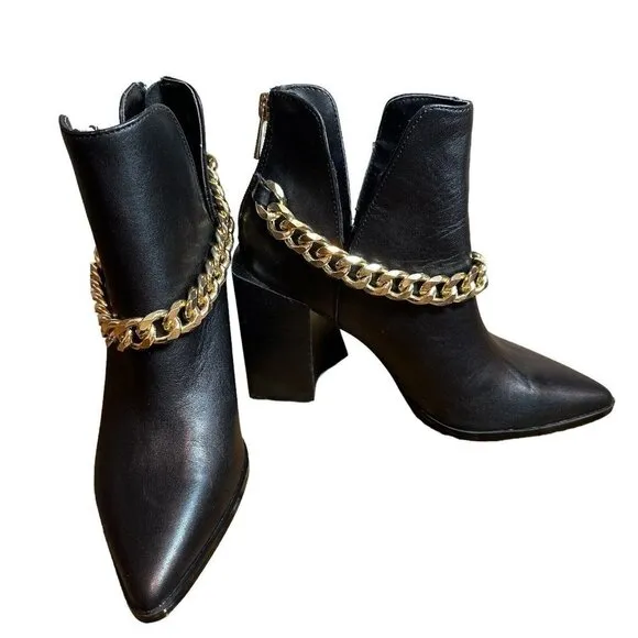 Steve Madden Tranquil Ankle Leather Boots Black Gold Chain Accent Women's Sz 6 M