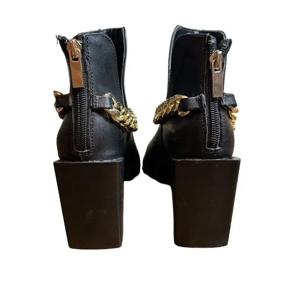 Steve Madden Tranquil Ankle Leather Boots Black Gold Chain Accent Women's Sz 6 M