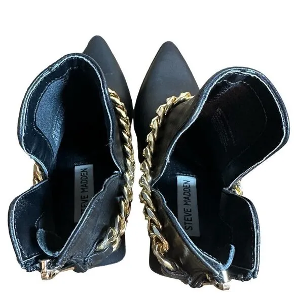 Steve Madden Tranquil Ankle Leather Boots Black Gold Chain Accent Women's Sz 6 M
