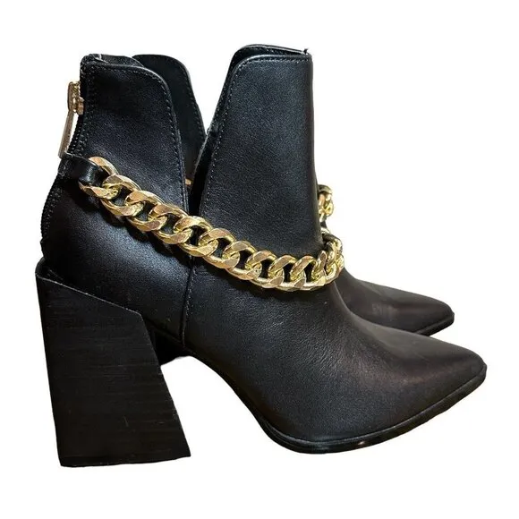Steve Madden Tranquil Ankle Leather Boots Black Gold Chain Accent Women's Sz 6 M